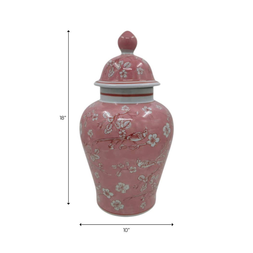 Decorative Jar - Pink/White Ceramic Floral Chinoiserie, 18 in.