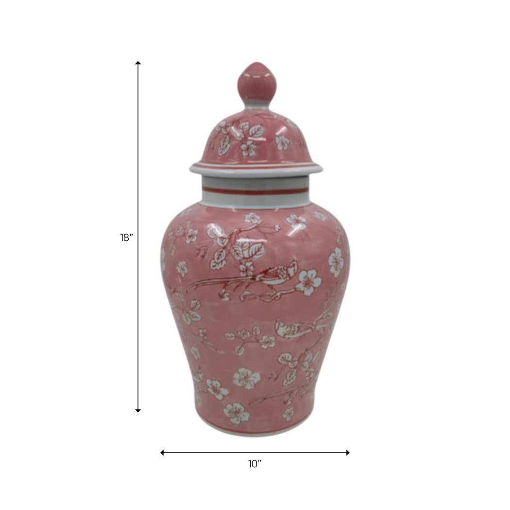Decorative Jar - Pink/White Ceramic Floral Chinoiserie, 18 in.
