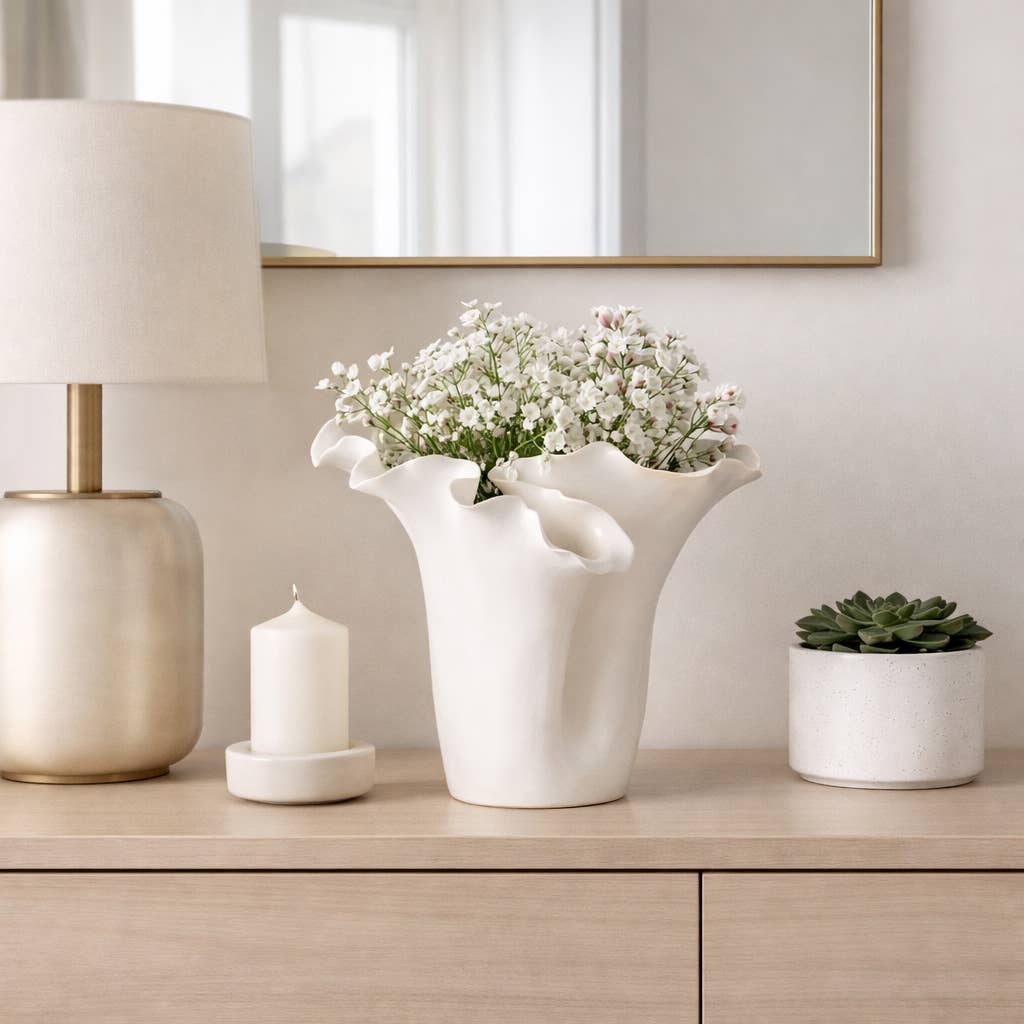 White Ruffled Ceramic Vase, 11 in.