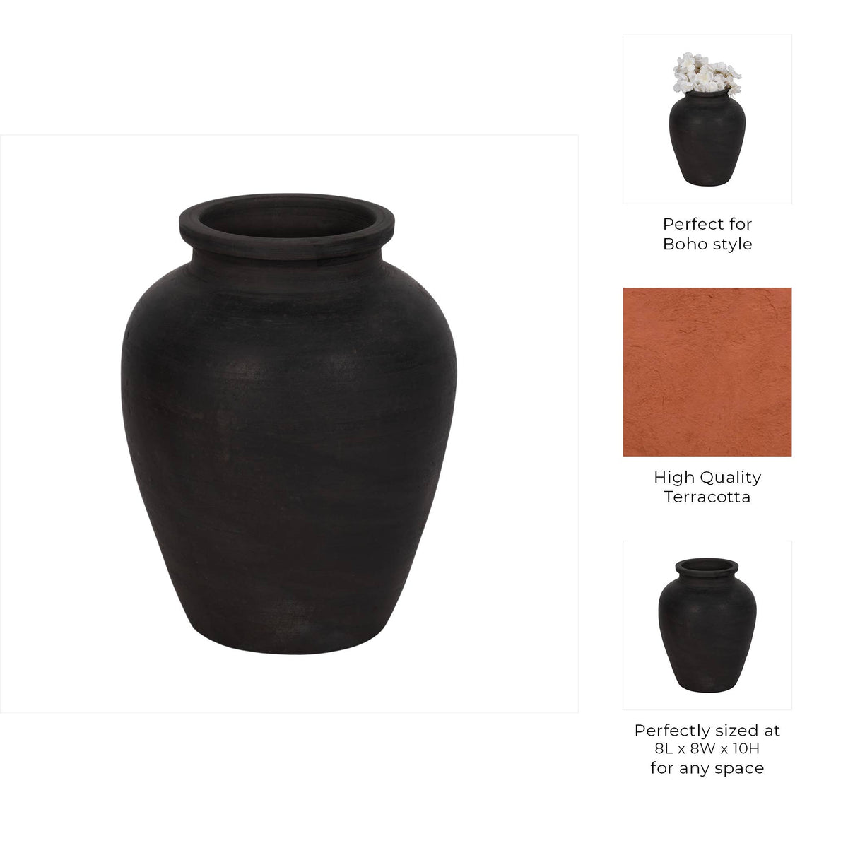 Ceramic Traditional Round Jug Vase - Black, 10 in.