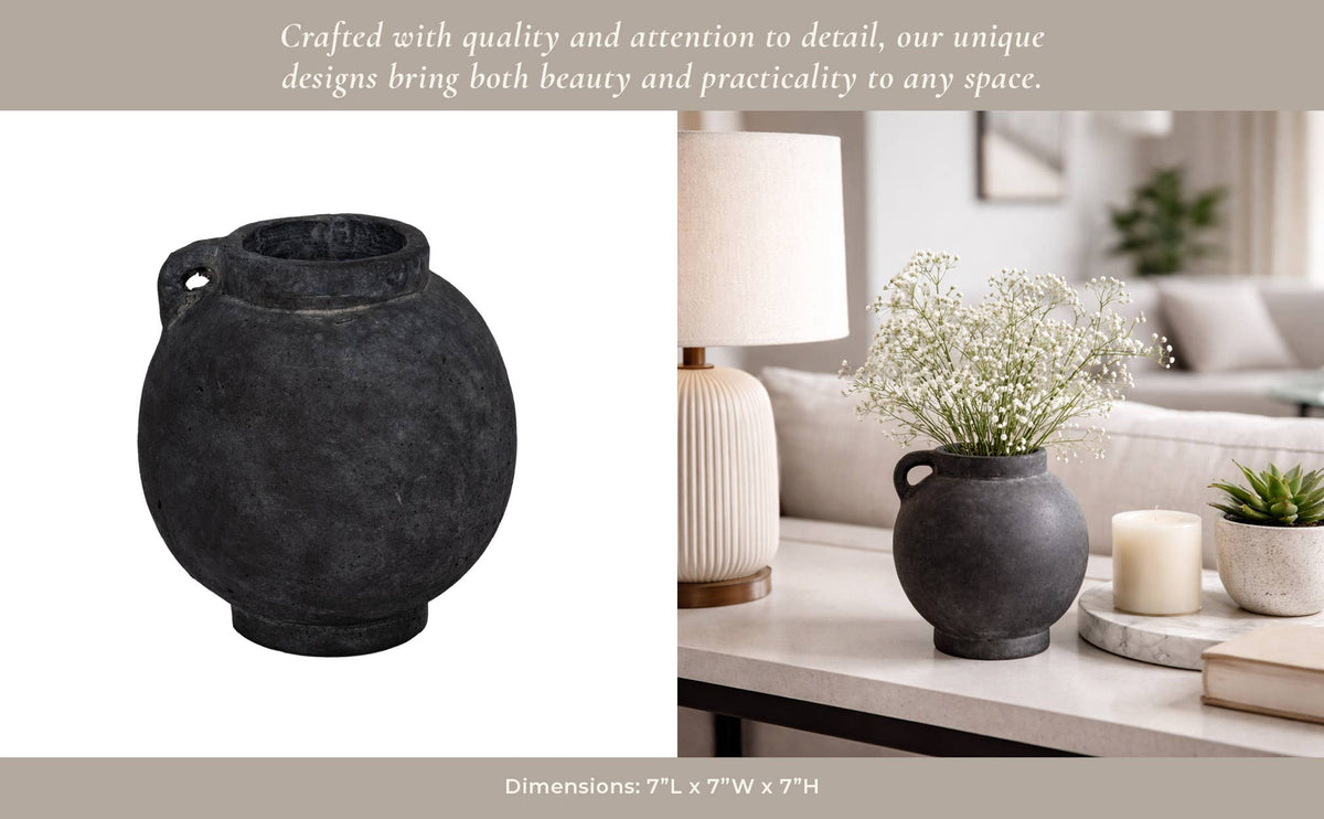 Decorative Vase - Black Ceramic Bulbous with Handle Jug, 7 in.