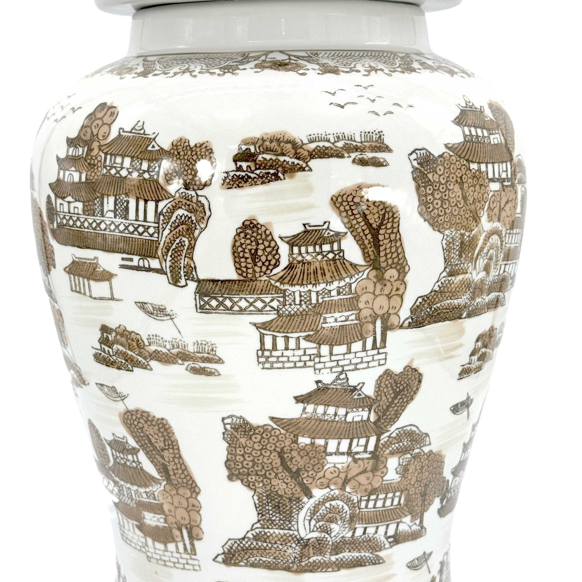 Brown & White Landscape Chinoiserie Ceramic Jar 25"