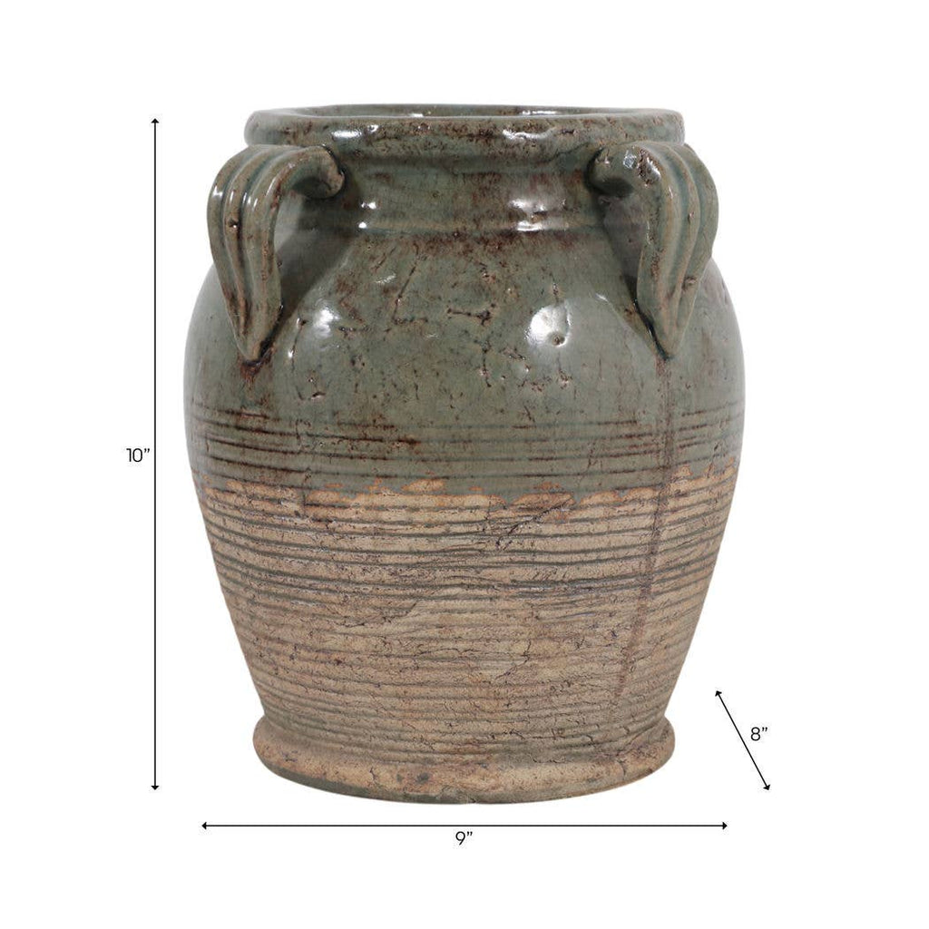 Decorative Vase - Green Ceramic Amphora with Handles, 9 in.