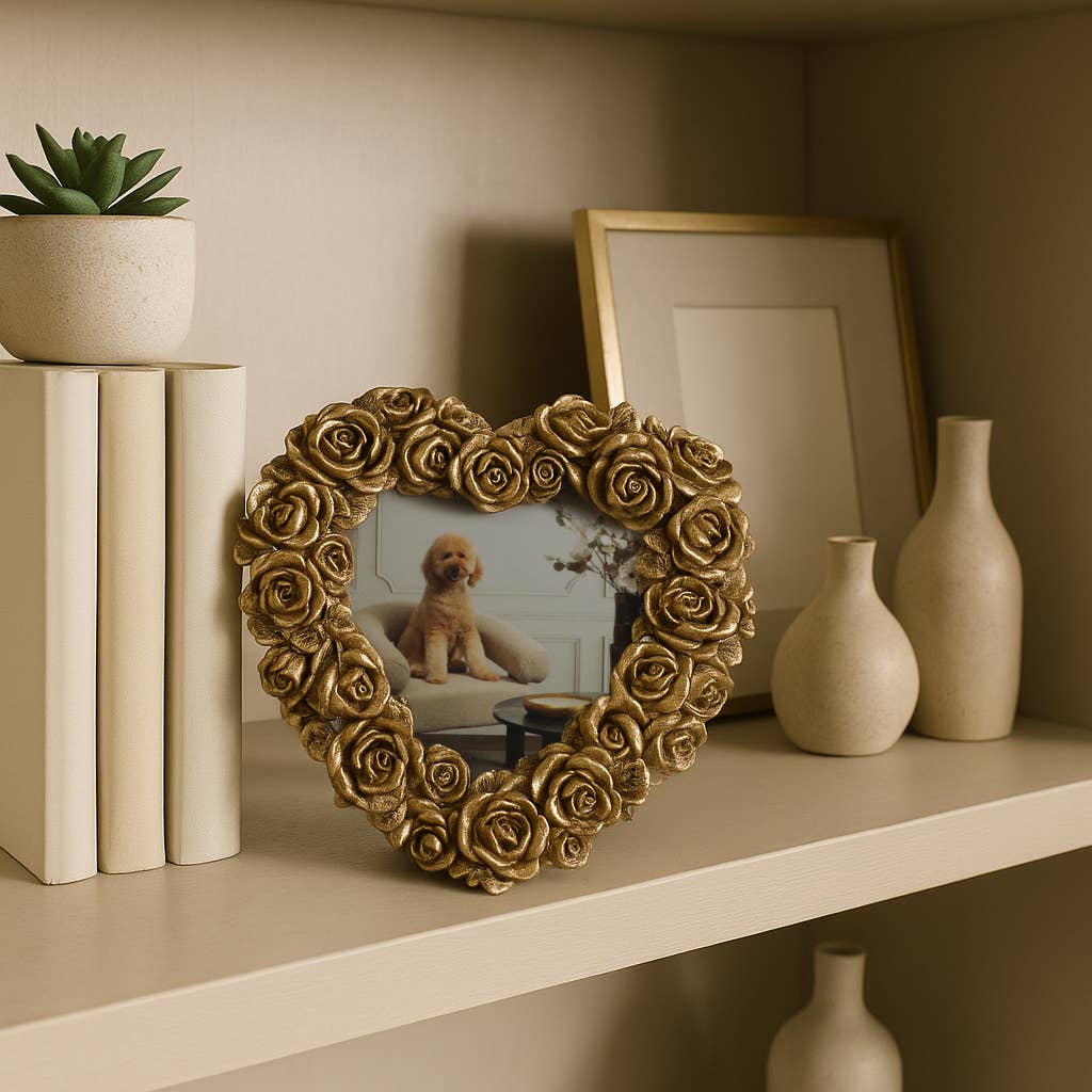 Photo Frame - Gold Polyresin Rosette Heart, 4x4 in.