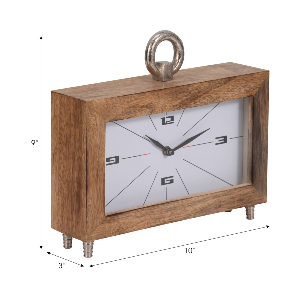 Table Clock - Brown Wood Rectangular with Ring, 10 in.