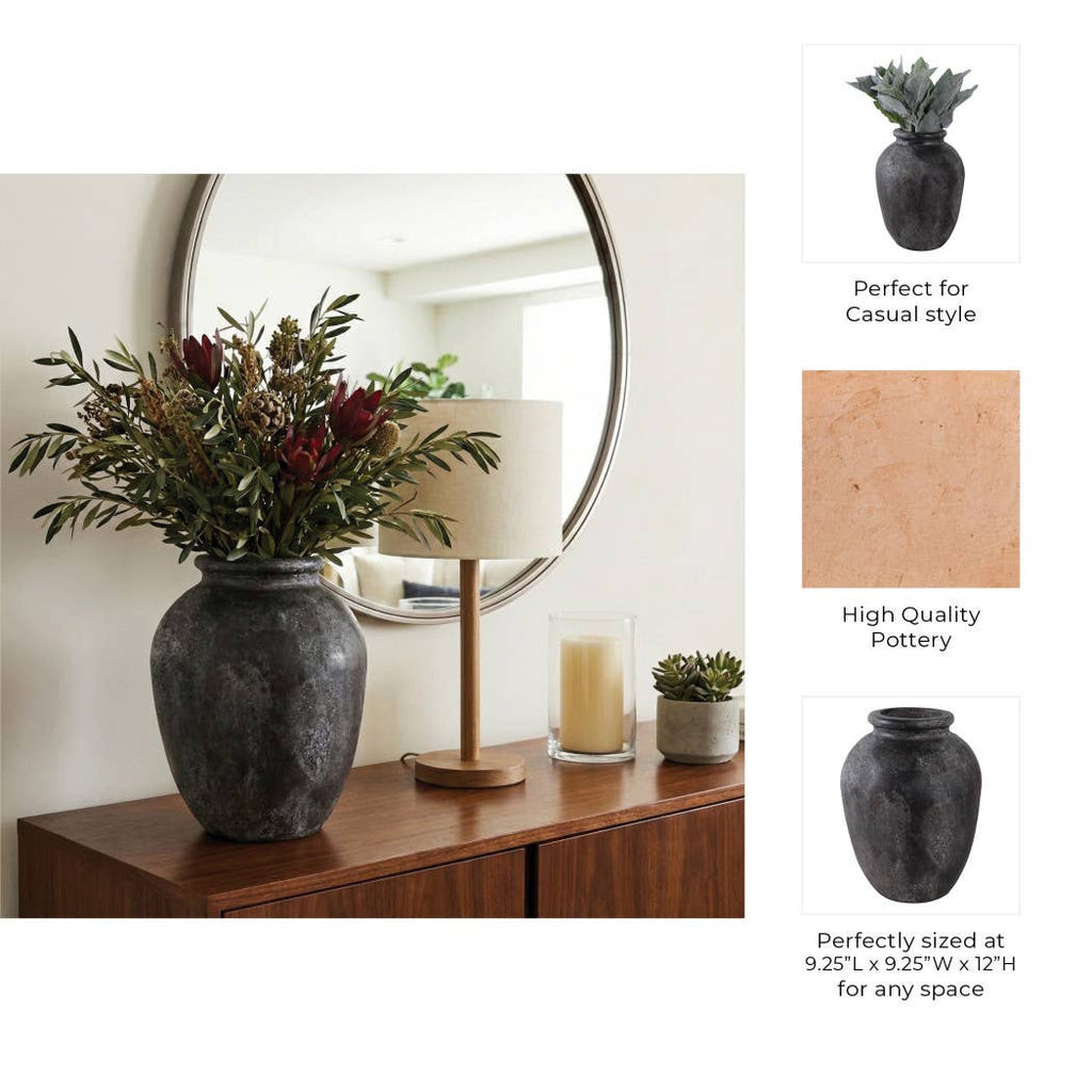 Decorative Vase - Black Ceramic Textured Surface, 12 in.