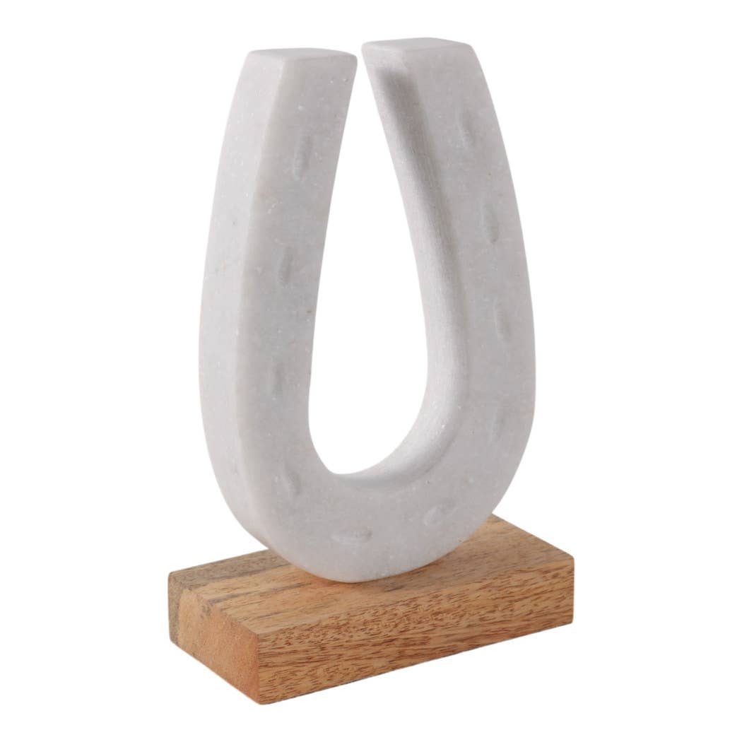 White and Brown Marble Horseshoe Figurine on Wood Base, 8 in.