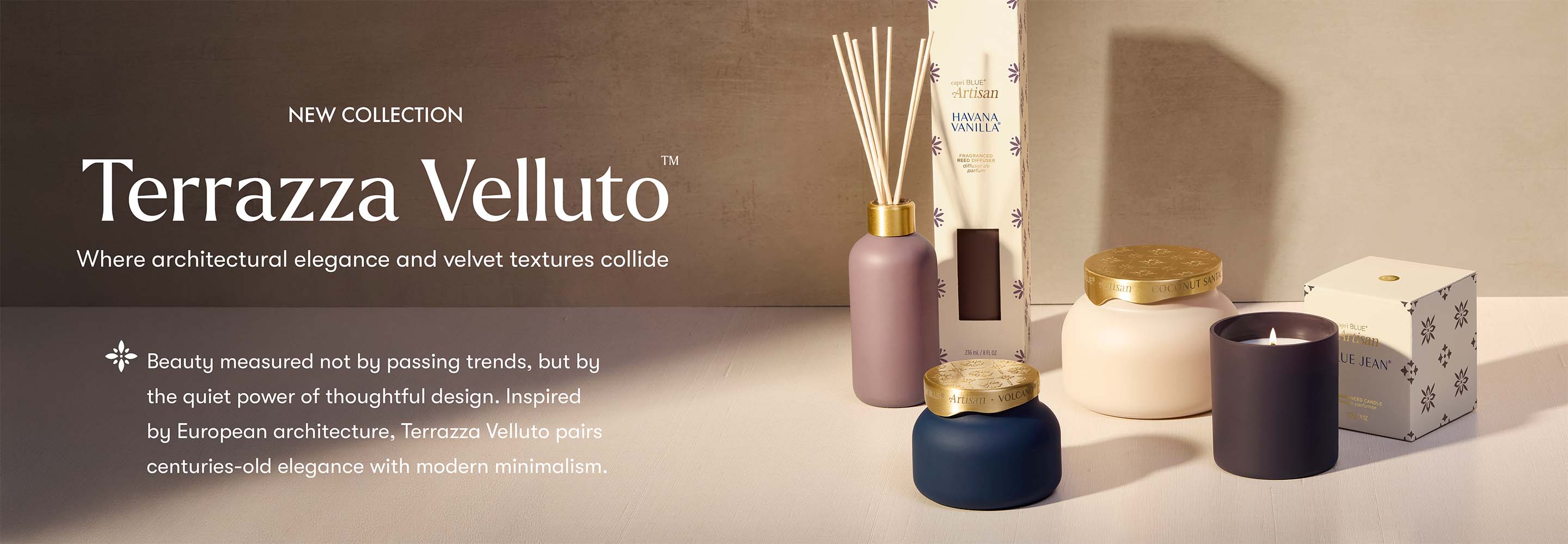 Terrazza Velluto collection display featuring a reed diffuser bottle, a candle, a small jar, and a candle box on a beige surface against a warm beige background, with product text on the left.