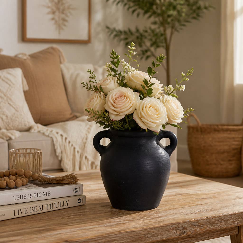 Decorative Vase - Black Terracotta Bud with Handles, 6 in.