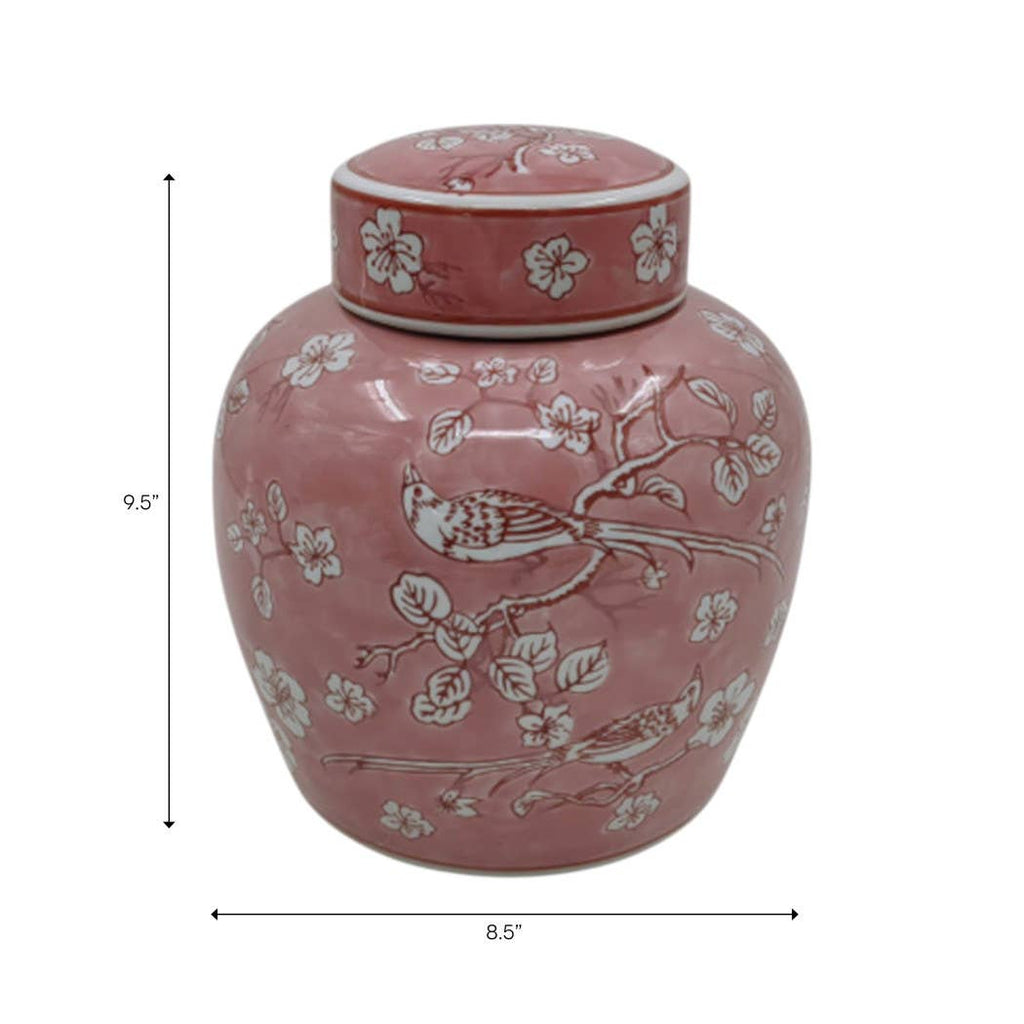 Decorative Jar - Pink Ceramic Chinoiserie with Lid, 10 in.
