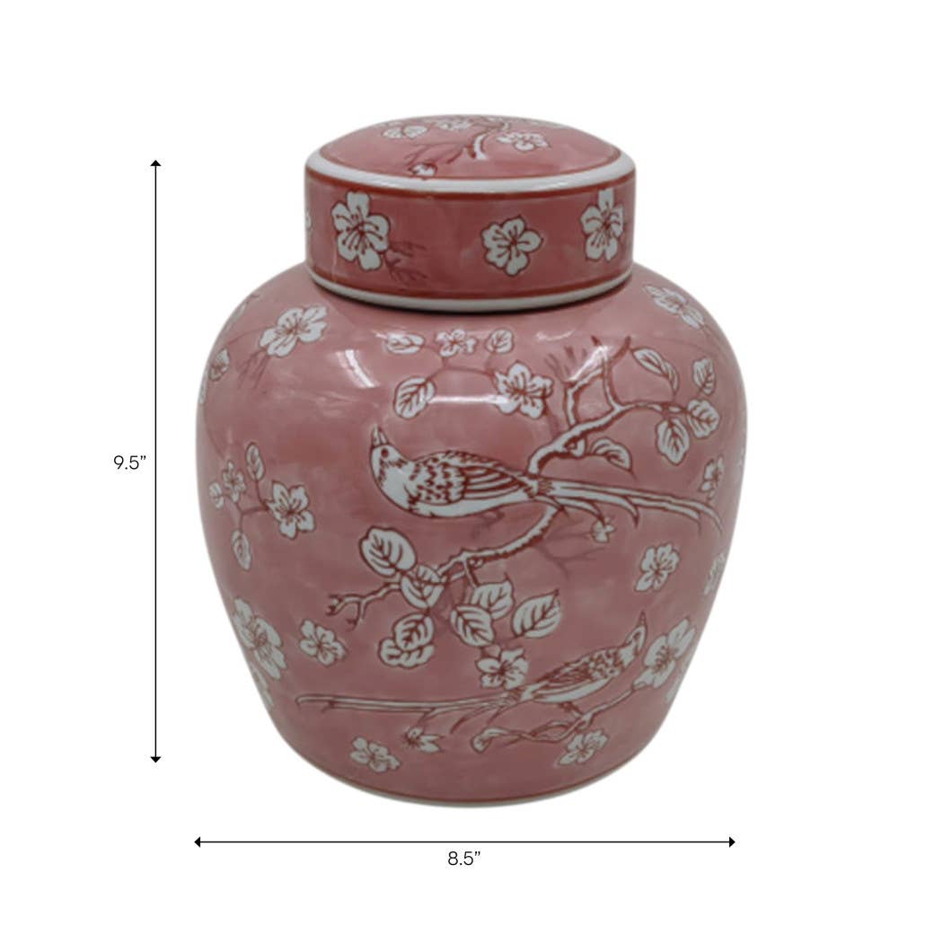 Decorative Jar - Pink Ceramic Chinoiserie with Lid, 10 in.