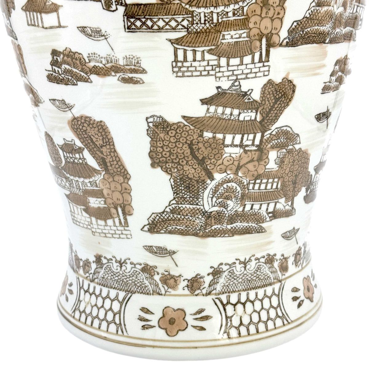 Brown & White Landscape Chinoiserie Ceramic Jar 25"