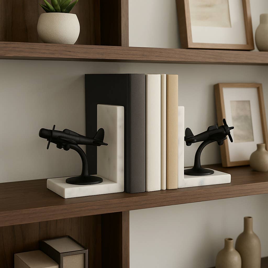 Bookends Set of 2 - Black/White Airplane on Marble, 6 in.