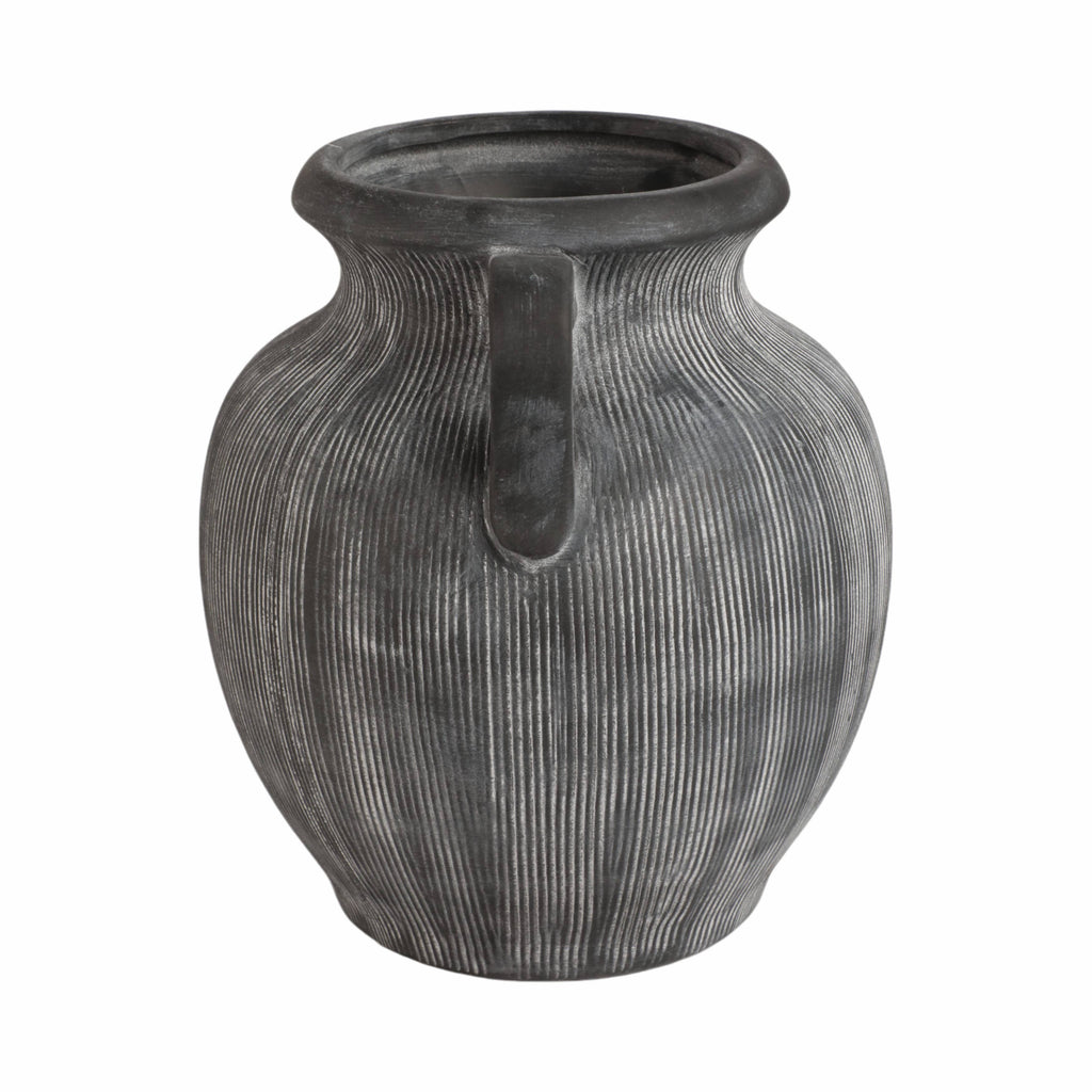 Black Ribbed Stoneware Vase with Handle, 10 in.