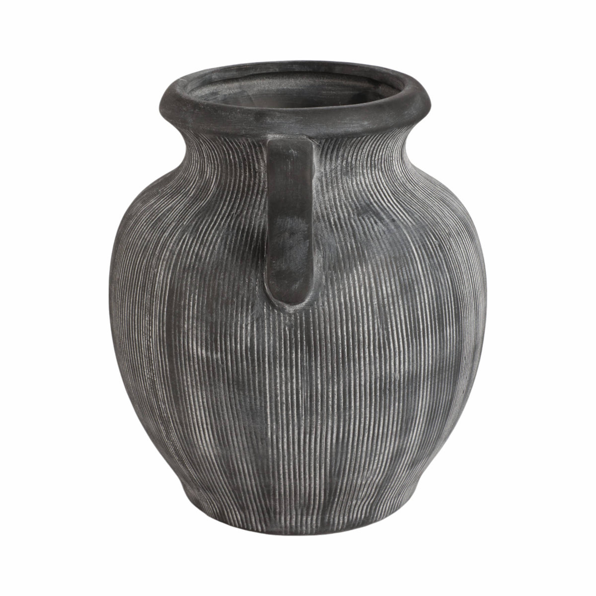 Black Ribbed Stoneware Vase with Handle, 10 in.