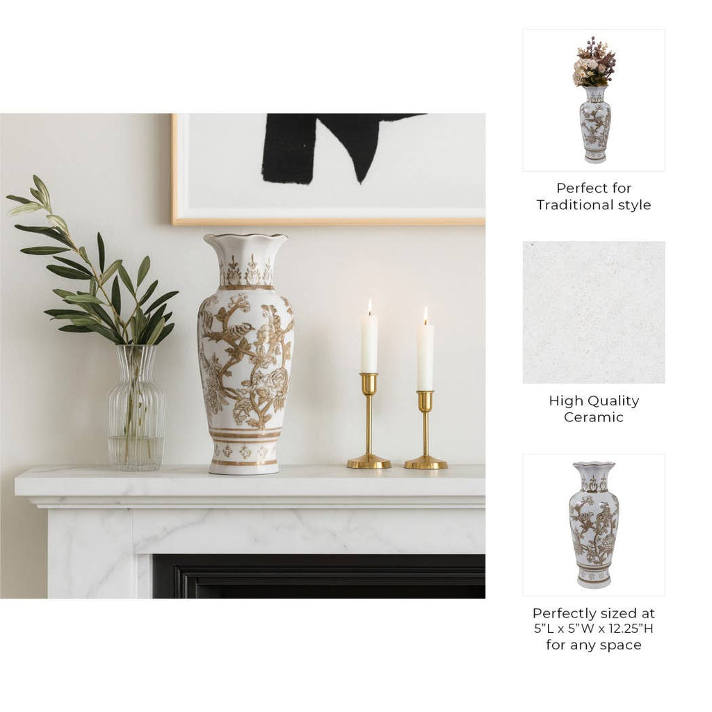 Decorative Vase - Brown/White Ceramic Bird and Vines, 12 in.