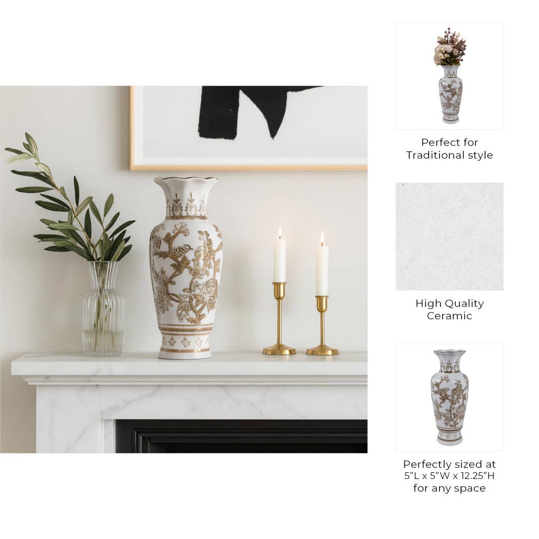 Decorative Vase - Brown/White Ceramic Bird and Vines, 12 in.