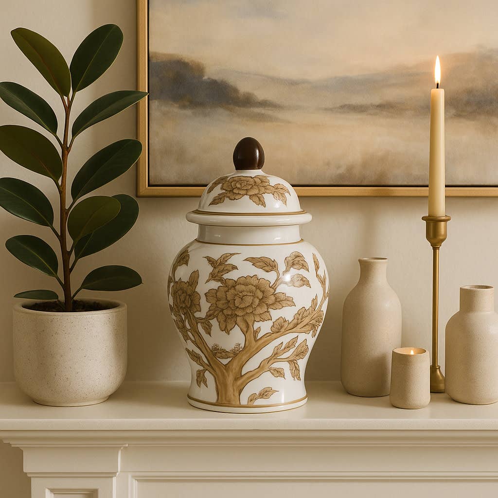 Decorative Vase - Brown & White Ceramic Jar with Lid, 8 in.