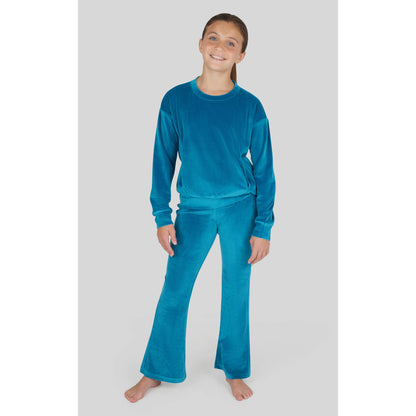 Girls Rib Velour Crew Neck, Flared Pant, Scrunchie - SET