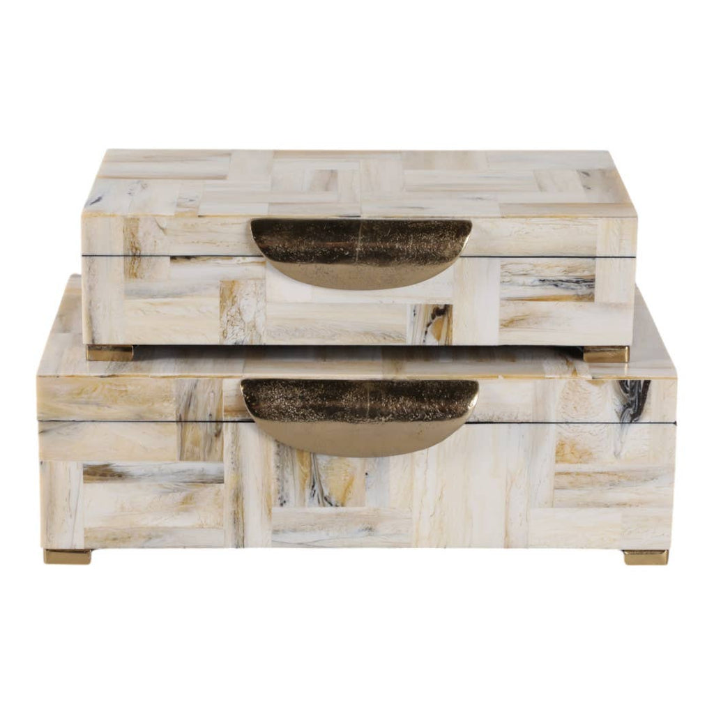 Decorative Boxes Set of 2-Tan Resin Marbled Footed, 12/14 in