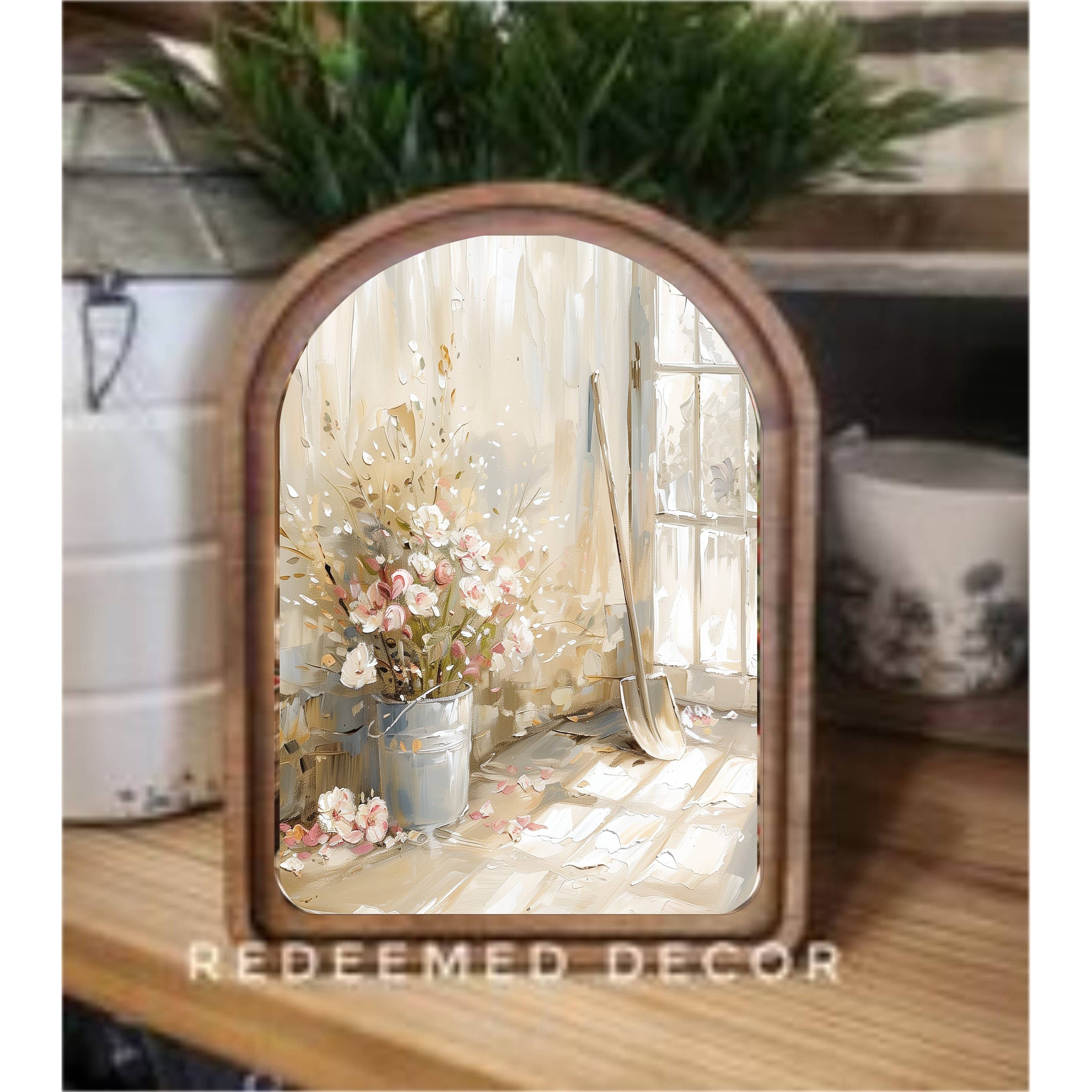 Redeemed Decor Arch Top Flower Bucket Framed Art