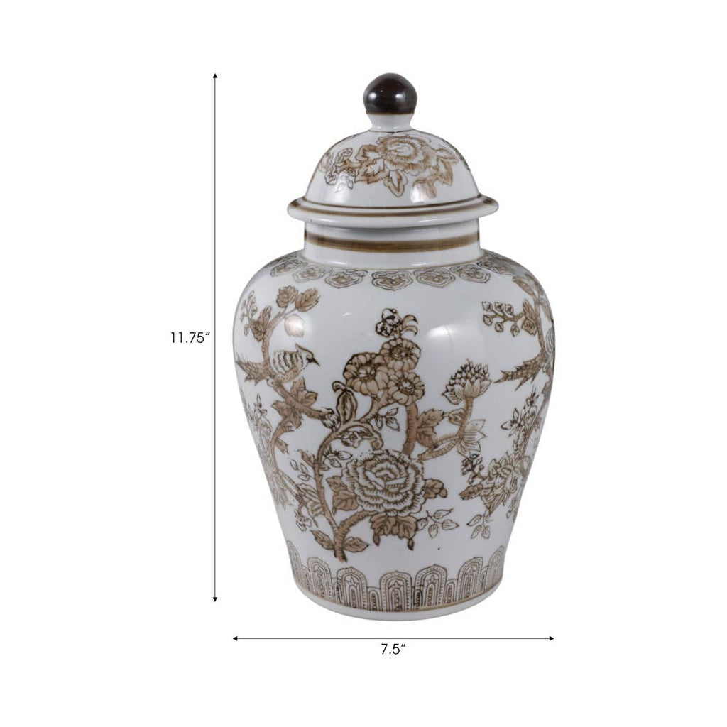 Temple Jar - Brown/White Ceramic Chinoiserie Bird, 12 in.