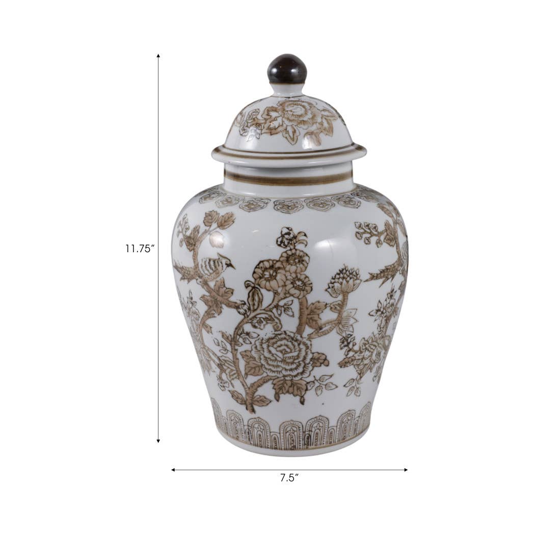 Temple Jar - Brown/White Ceramic Chinoiserie Bird, 12 in.