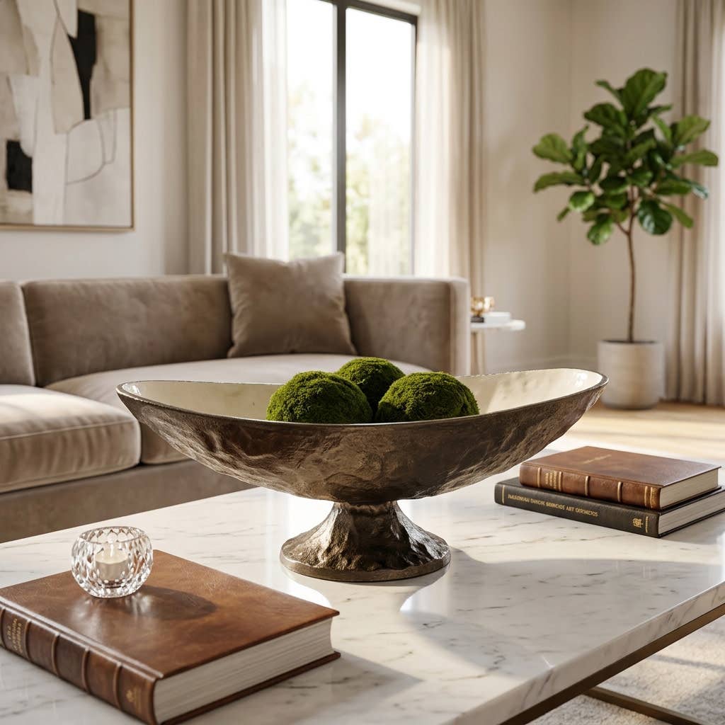Decorative Bowl - Gold and Bronze Metal Oval Pedestal, 14 in