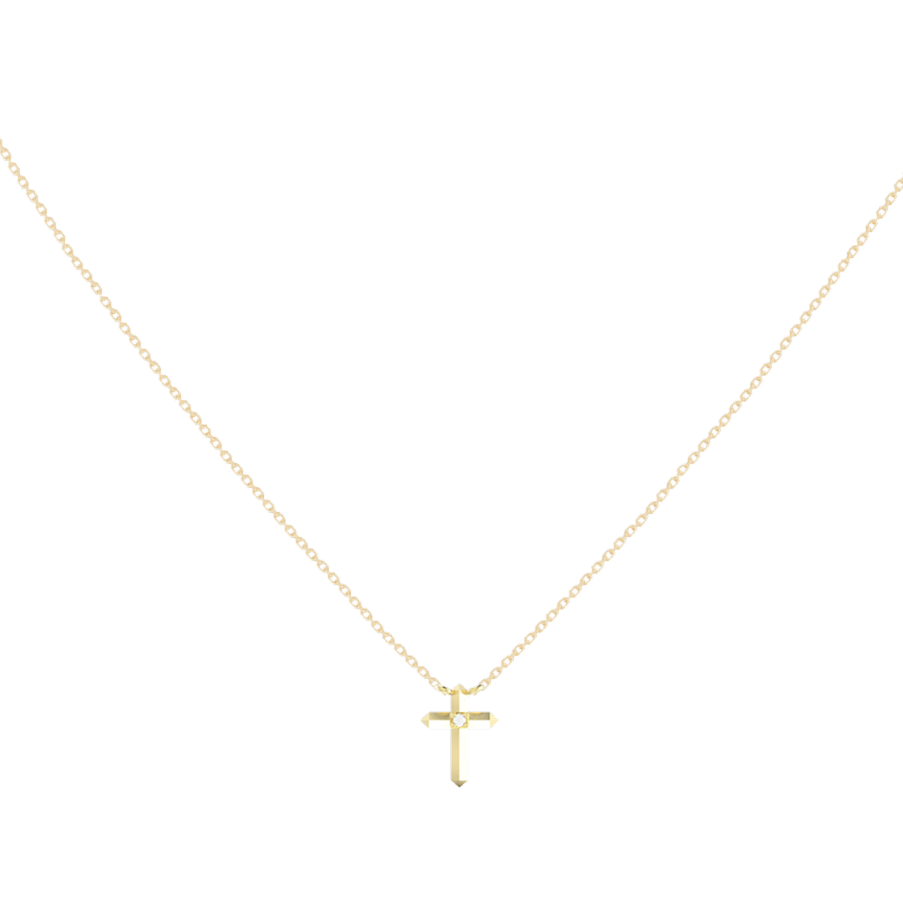 Tiny Cross Pendant Necklace, 14K Gold White Diamond