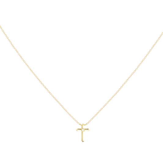 Tiny Cross Pendant Necklace, 14K Gold White Diamond