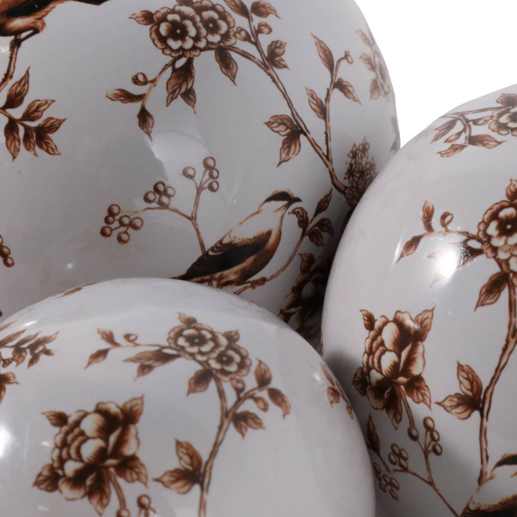 Objects Set of 3 - Brown/White Ceramic Birds Orbs, 4/5/6 in.