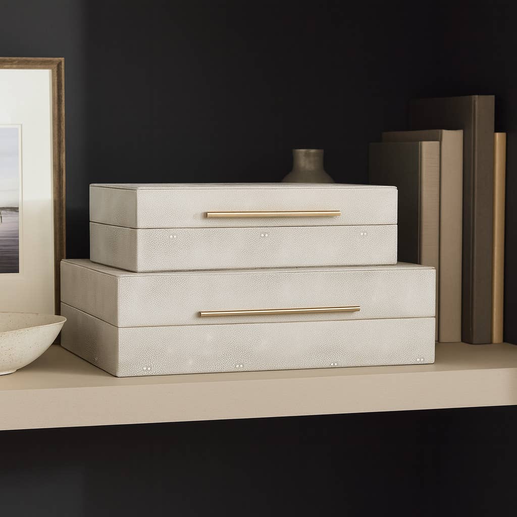 Boxes Set of 2 - Ivory Wood Shagreen Rectangle, 12/14 in.