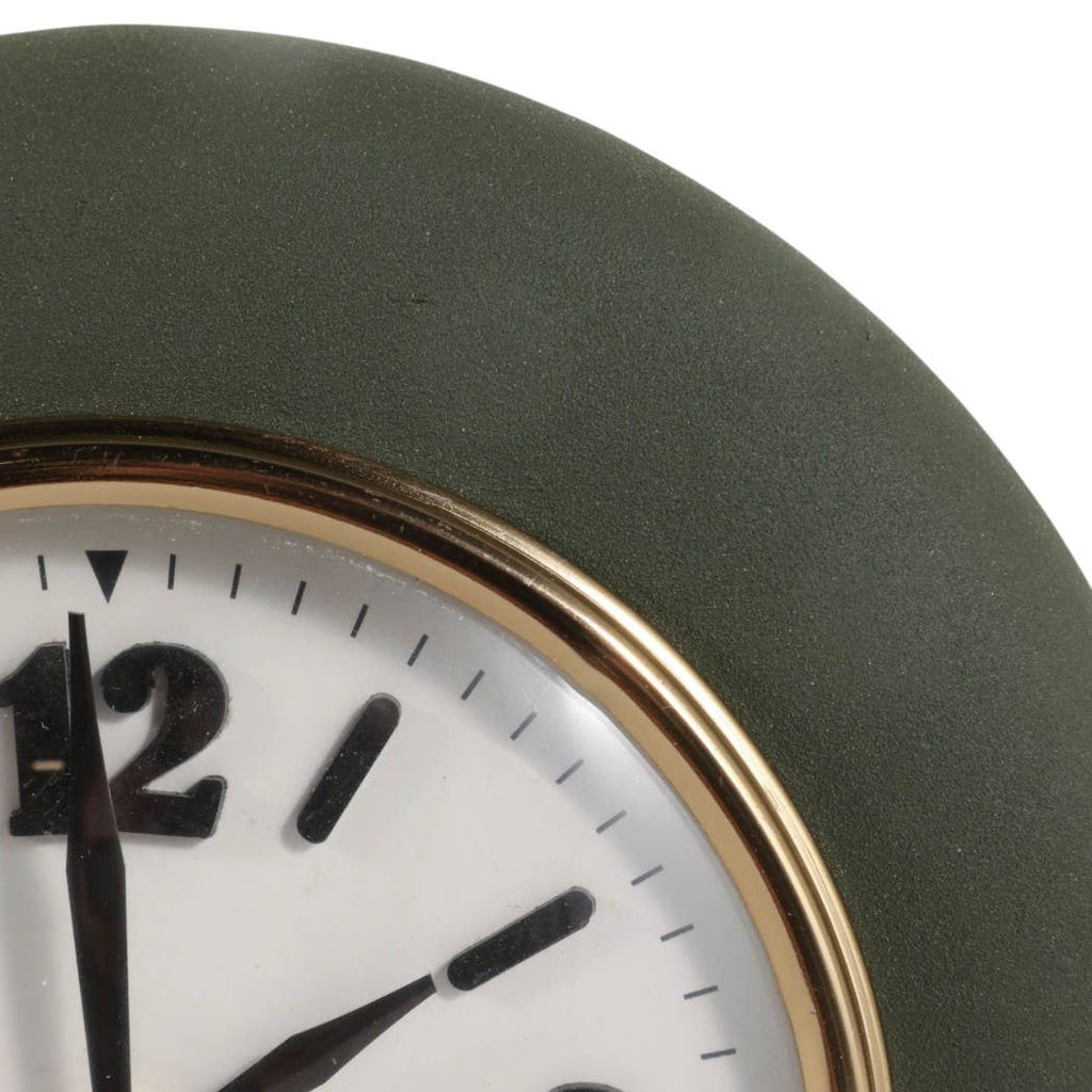 Table Clock - Green Metal and Glass Round Design, 7 in.
