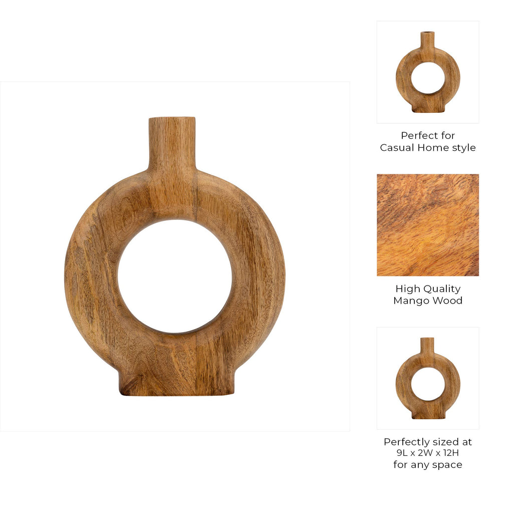 Decorative Vase - Brown Wood Circular Donut Cut-Out, 12 in.
