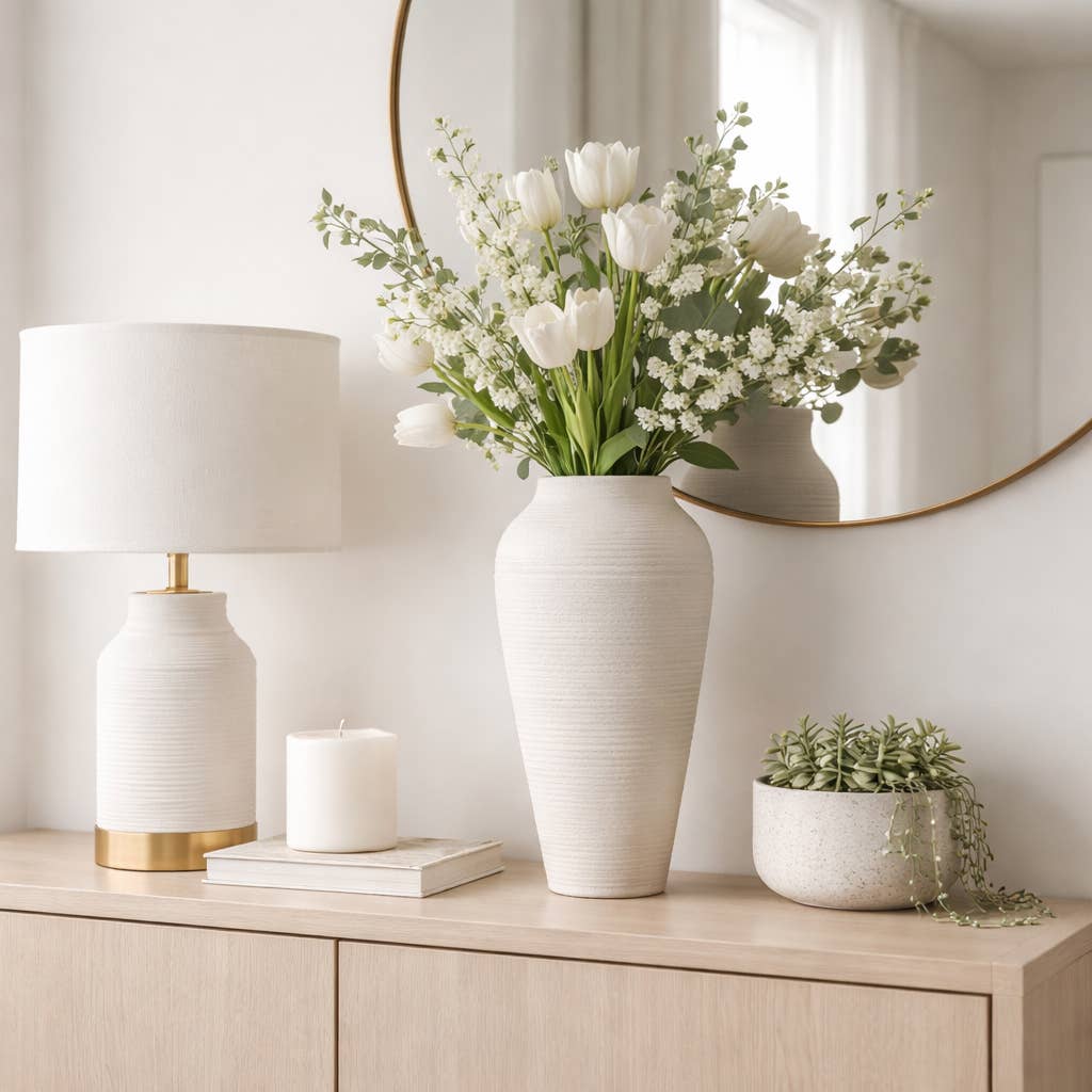 Ivory Ribbed Terracotta Floor Vase, 16 in.