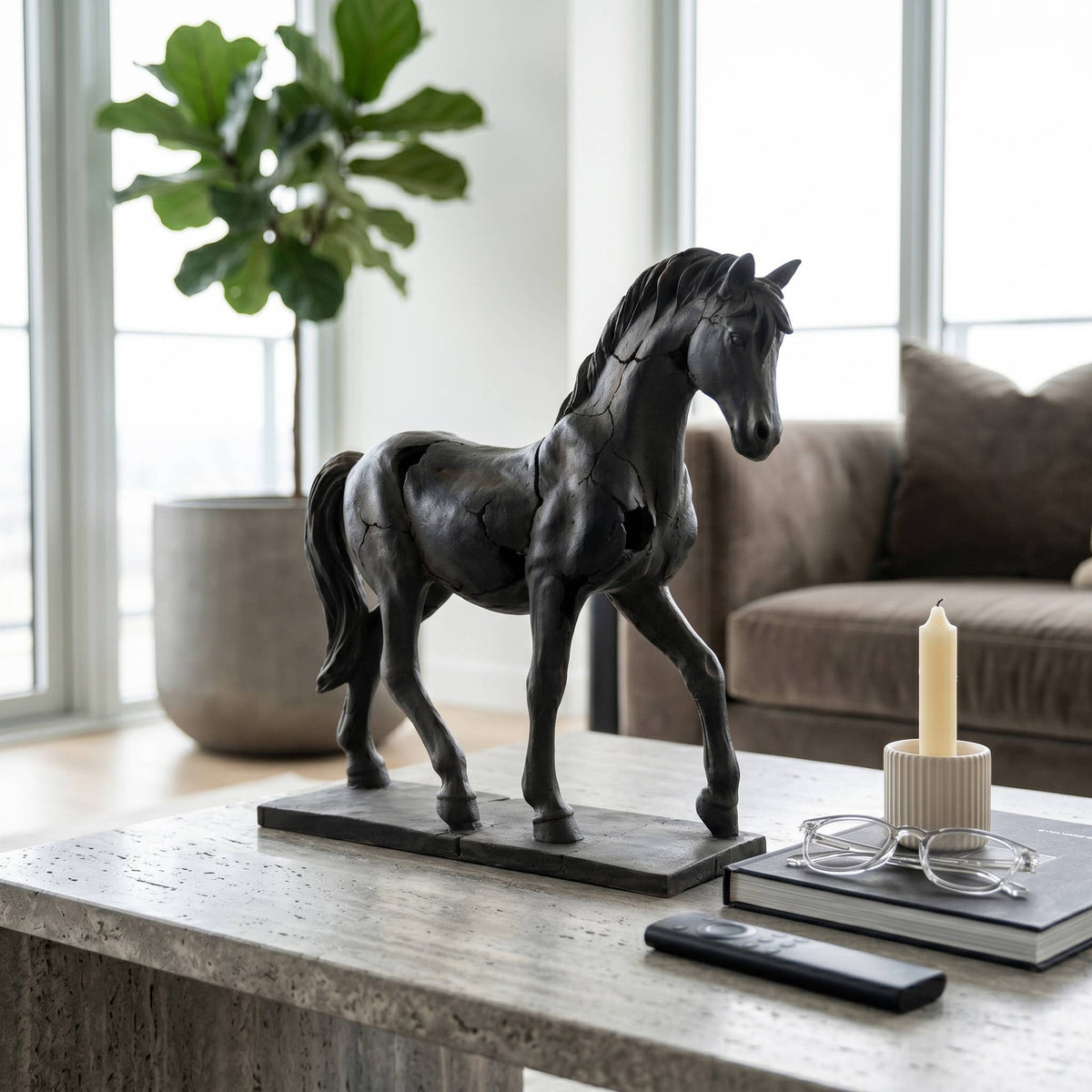Sculpture - Brown Resin Cracked Horse On Stand, 16 in.