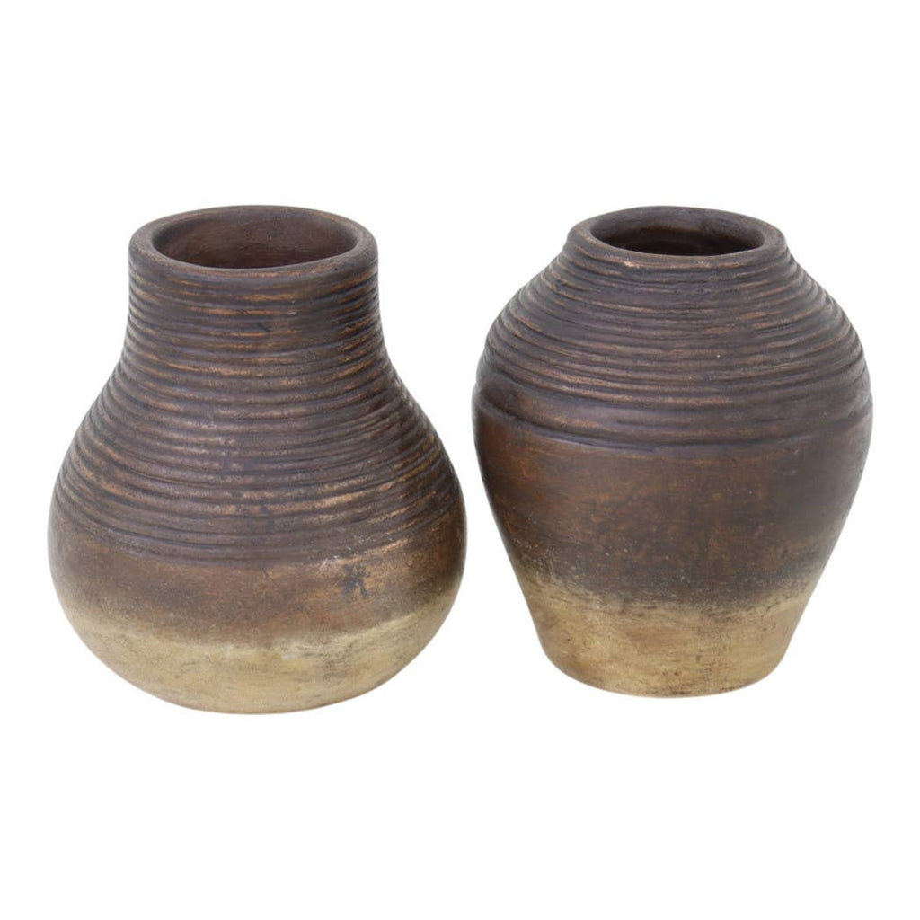 Decorative Vase Set of 2 - Brown Terracotta Grooved Lines, 6 in.