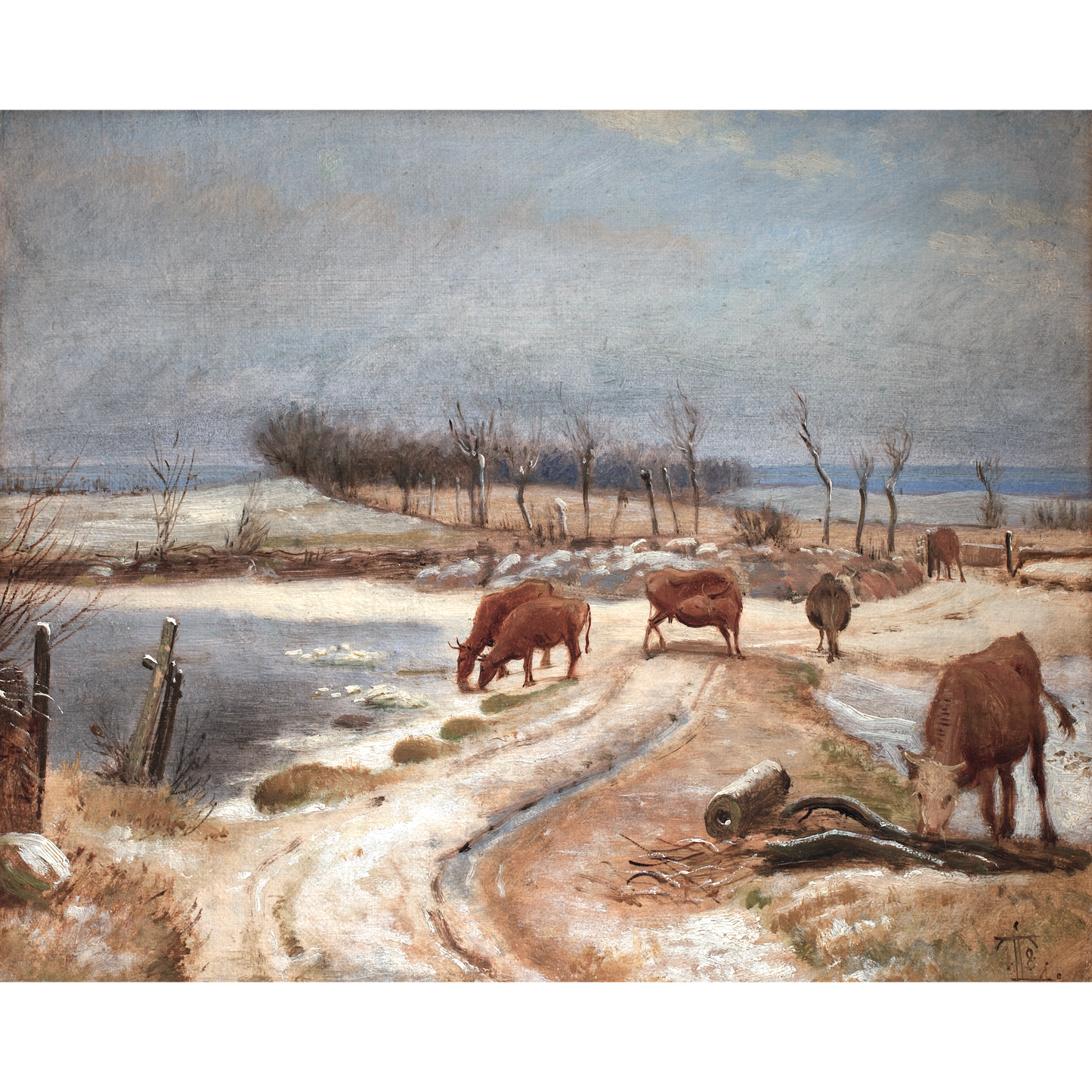 Cattle Watering on a Winter Day Antique Art Print