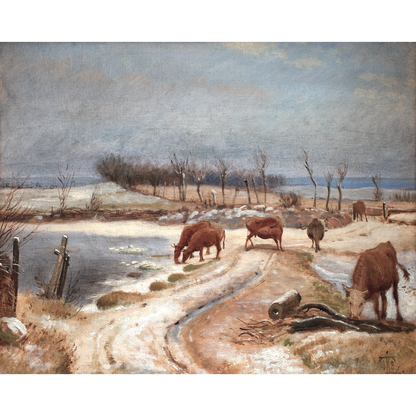 Cattle Watering on a Winter Day Antique Art Print