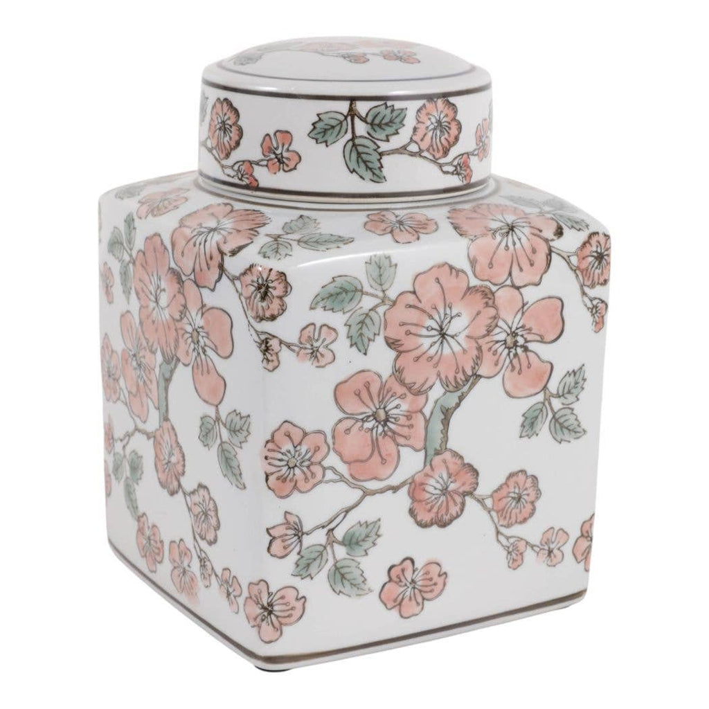 White and Pink Cherry Blossom Ceramic Jar, 9 in.