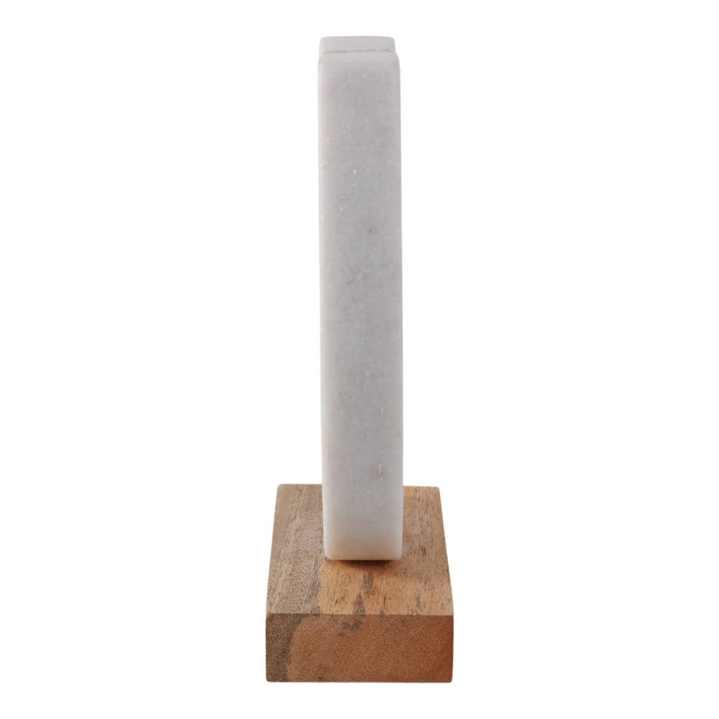 White and Brown Marble Horseshoe Figurine on Wood Base, 8 in.