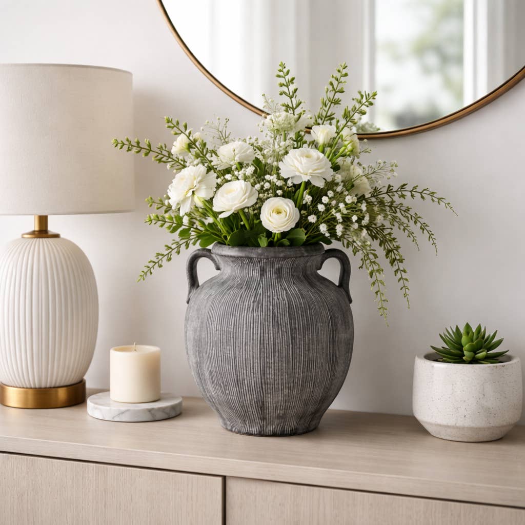 Black Ribbed Stoneware Vase with Handle, 10 in.