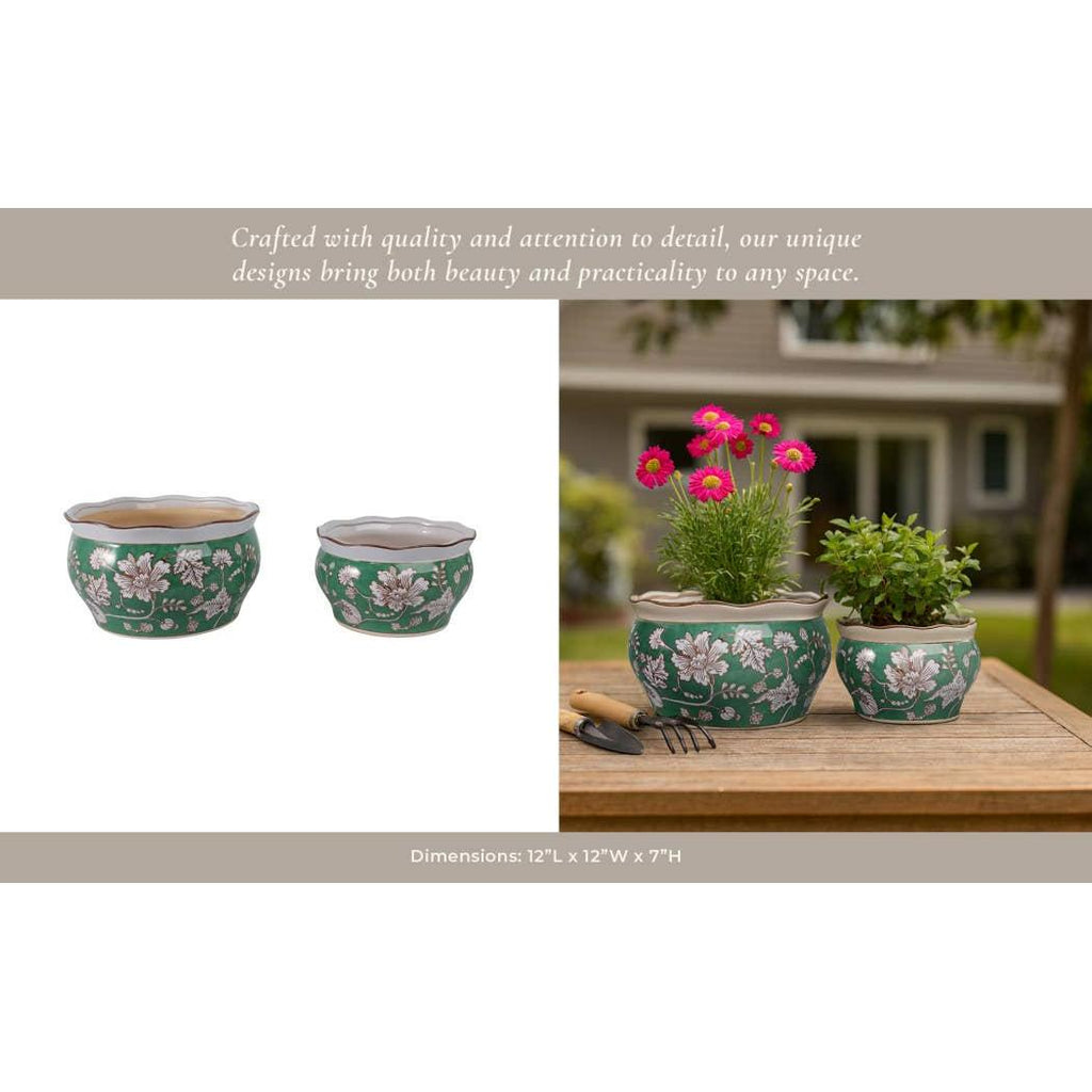 Planters Set of 2 - Green Ceramic Floral Vines, 10/12 in.