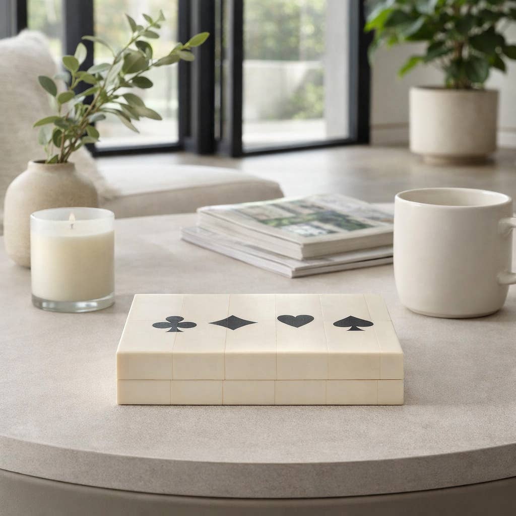 Table Game - White/Black Wood Casual Cards & Dice Box, 7 in.