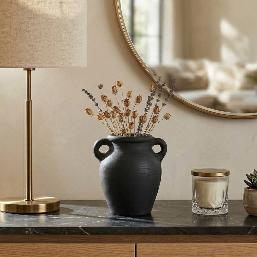Decorative Vase - Black Terracotta Bud with Handles, 6 in.