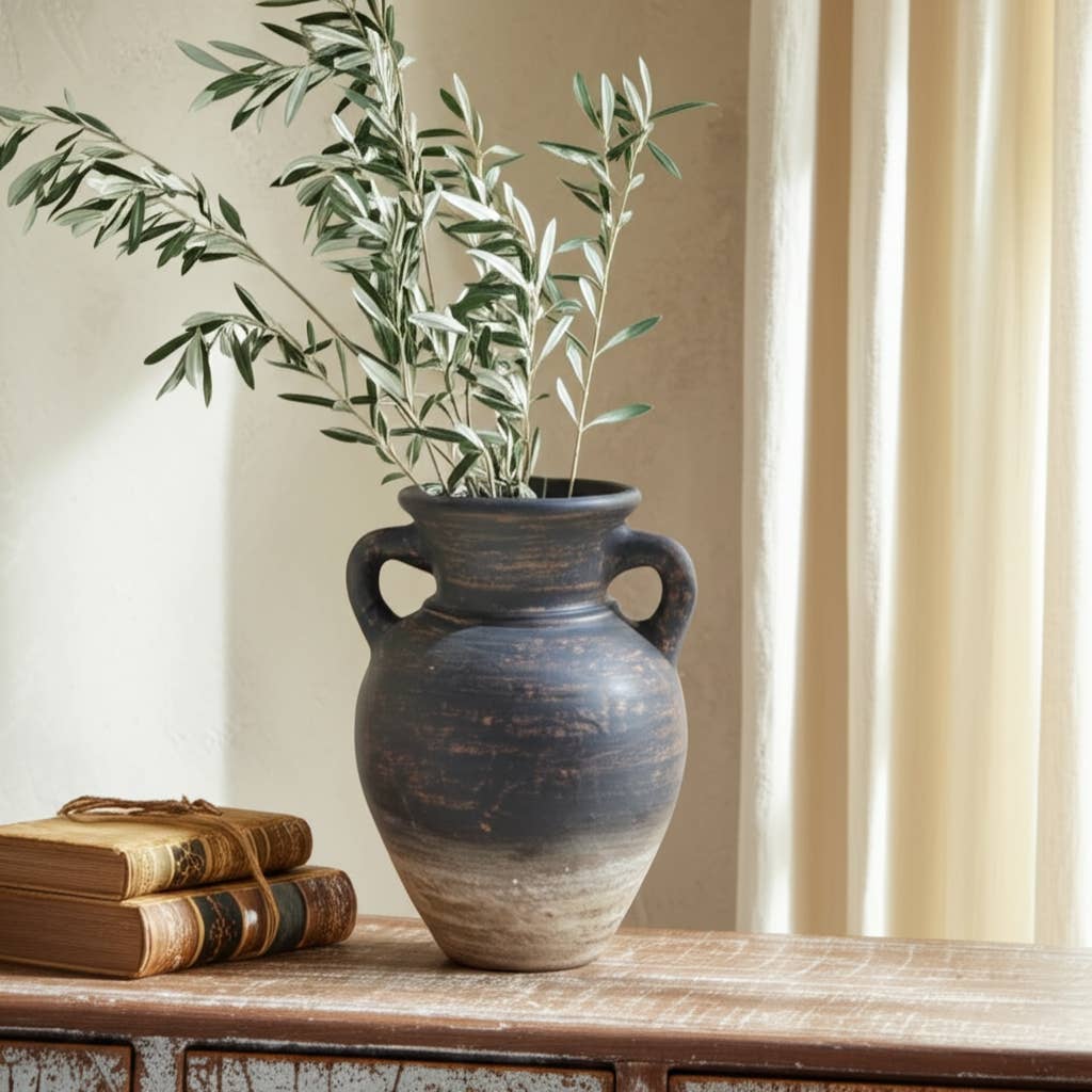 Decorative Vase - Brown Terracotta Amphora with Handles, 9 in.