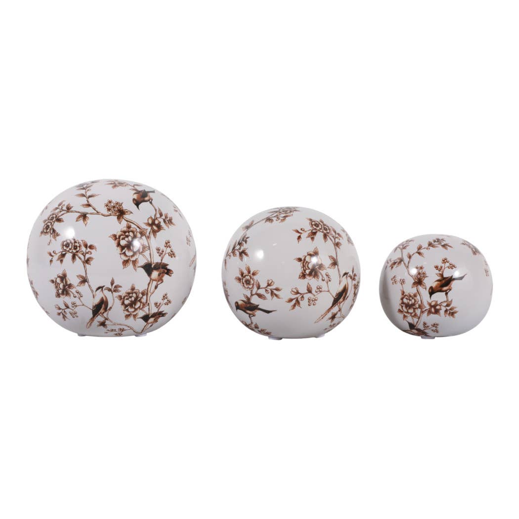 Objects Set of 3 - Brown/White Ceramic Birds Orbs, 4/5/6 in.