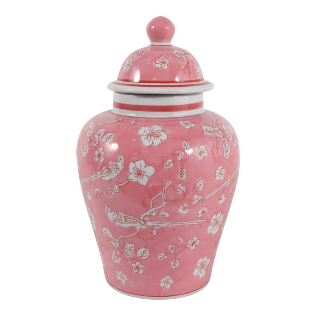 Decorative Jar - Pink/White Ceramic Floral Chinoiserie, 14 in.