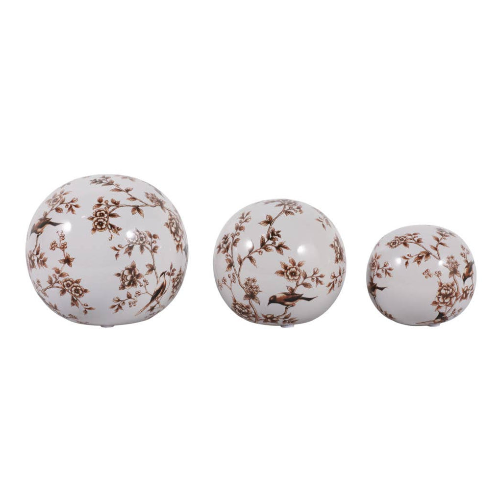 Objects Set of 3 - Brown/White Ceramic Birds Orbs, 4/5/6 in.