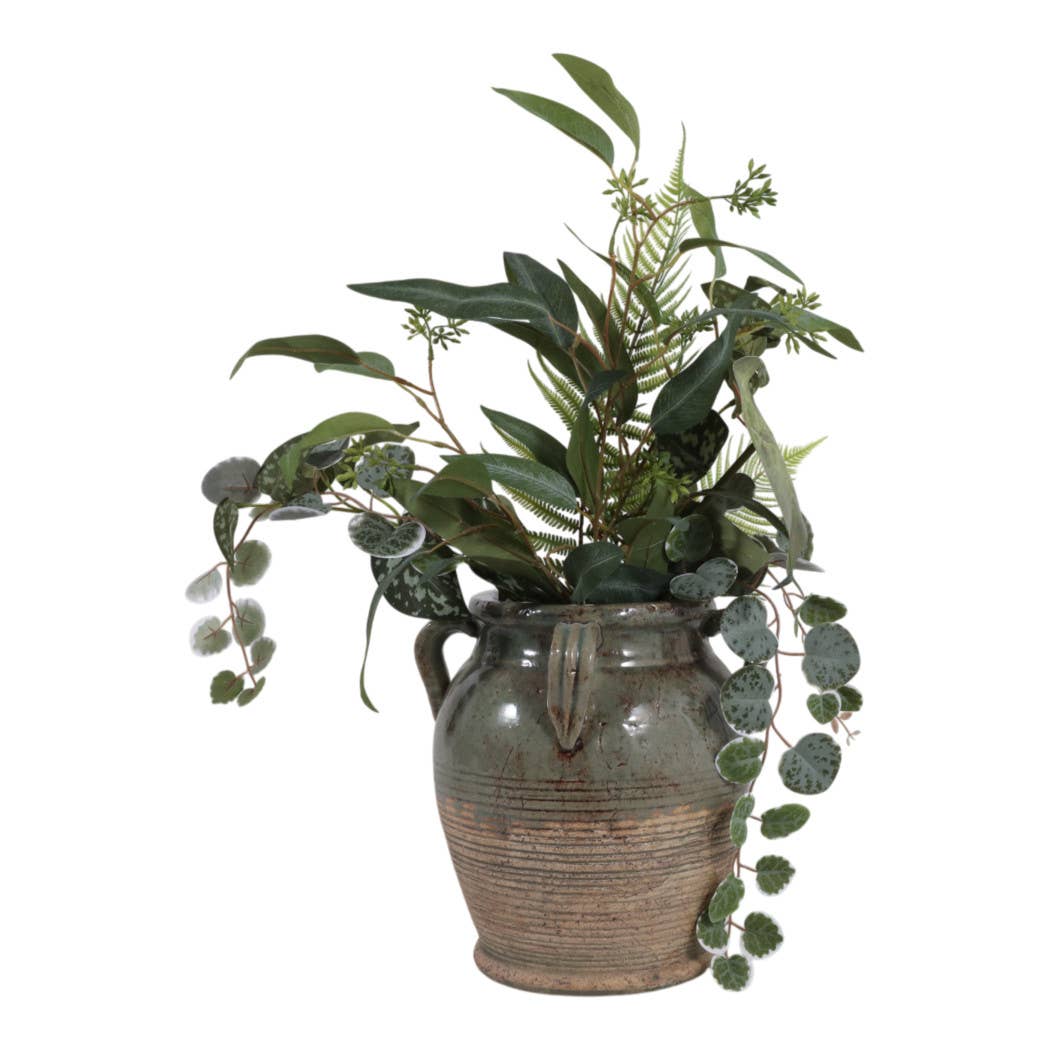 Decorative Vase - Green Ceramic Amphora with Handles, 9 in.